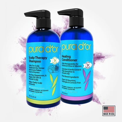 Imported Pura D'or clarifying peppermint hair care set close up view