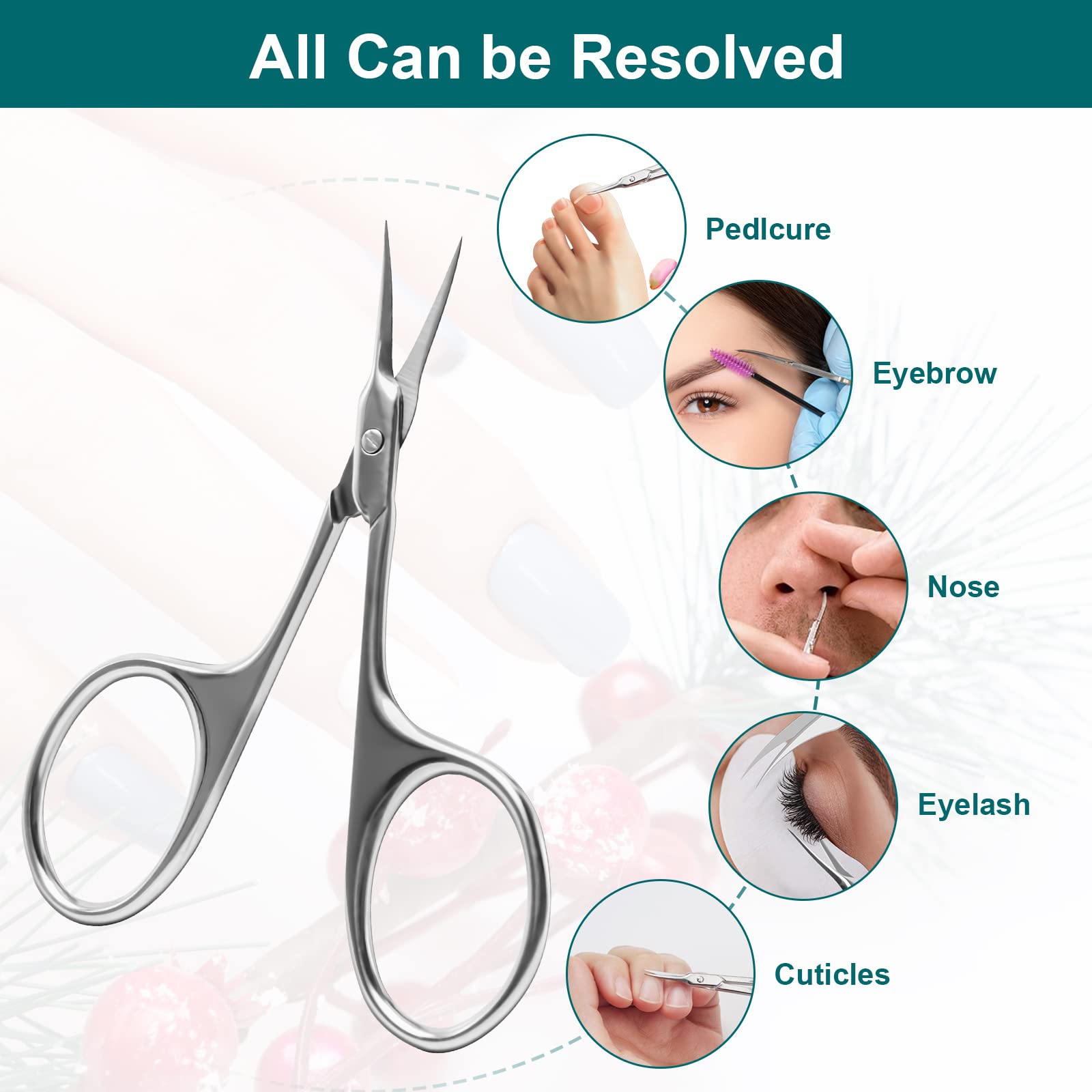Stainless steel curved blade nail scissors displayed with its protective tip cover.