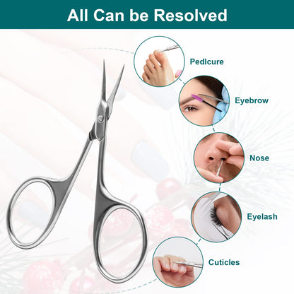 Stainless steel curved blade nail scissors displayed with its protective tip cover.