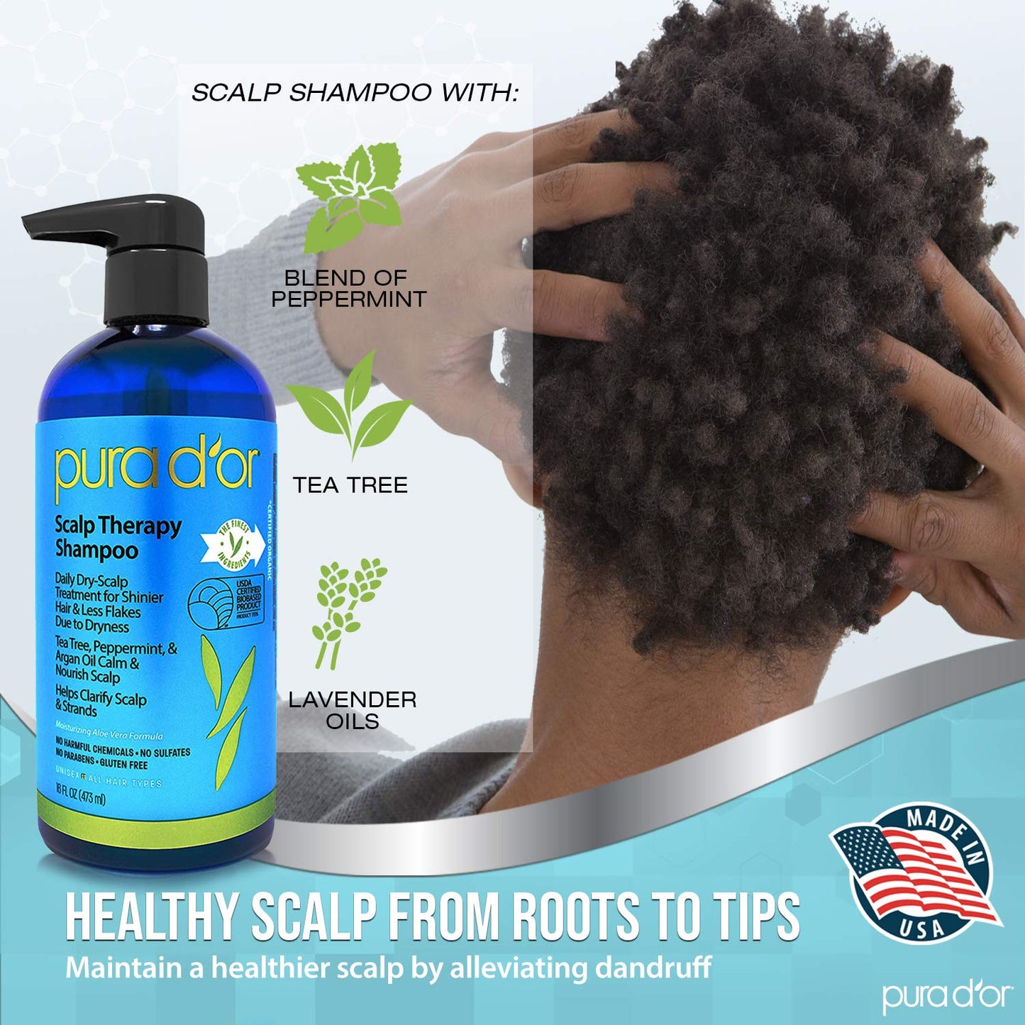 Pura D'or sulfate free clarifying scalp treatment set back label details