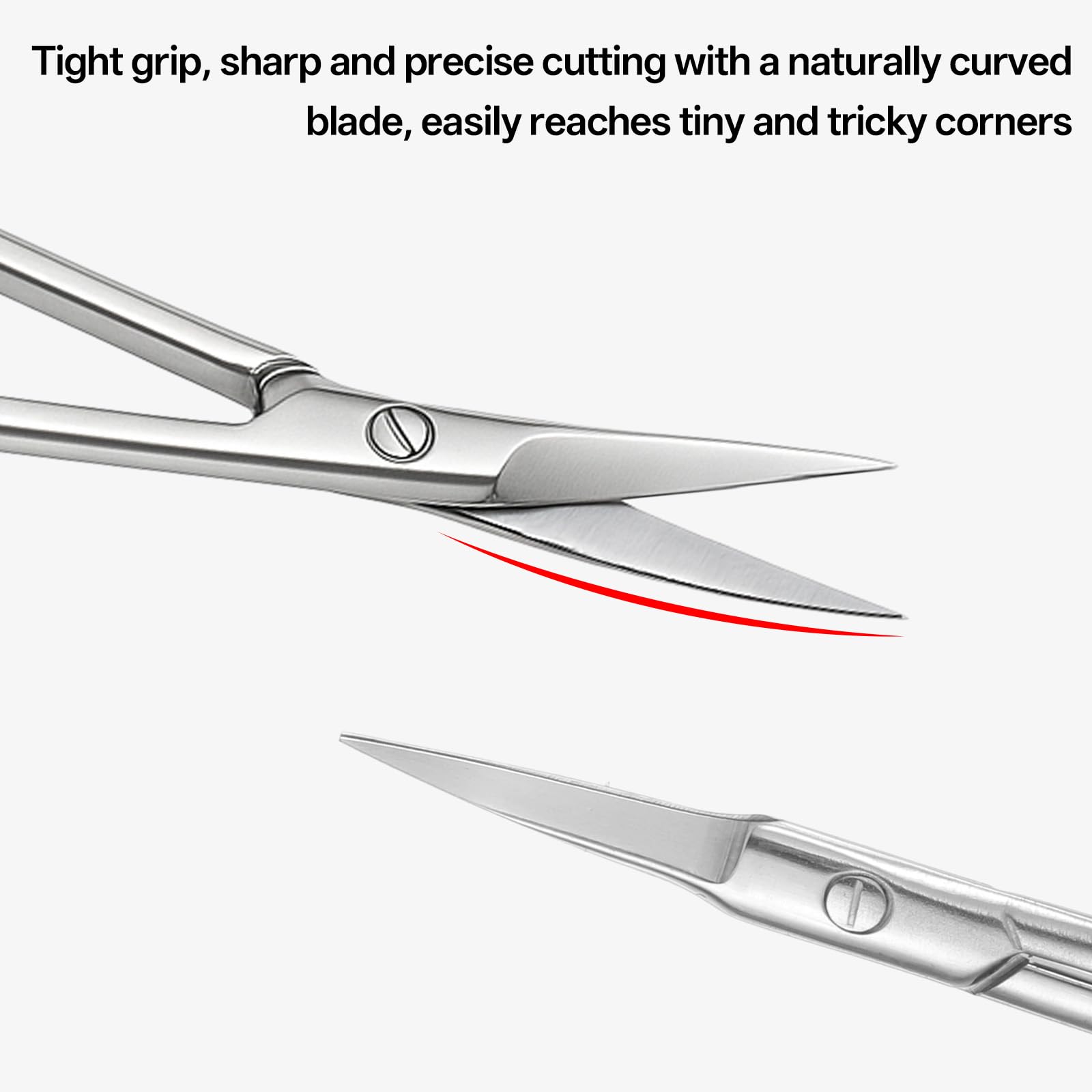 Close up view of the ultra sharp curved blade tip designed for precision cuticle trimming and detailed personal care.