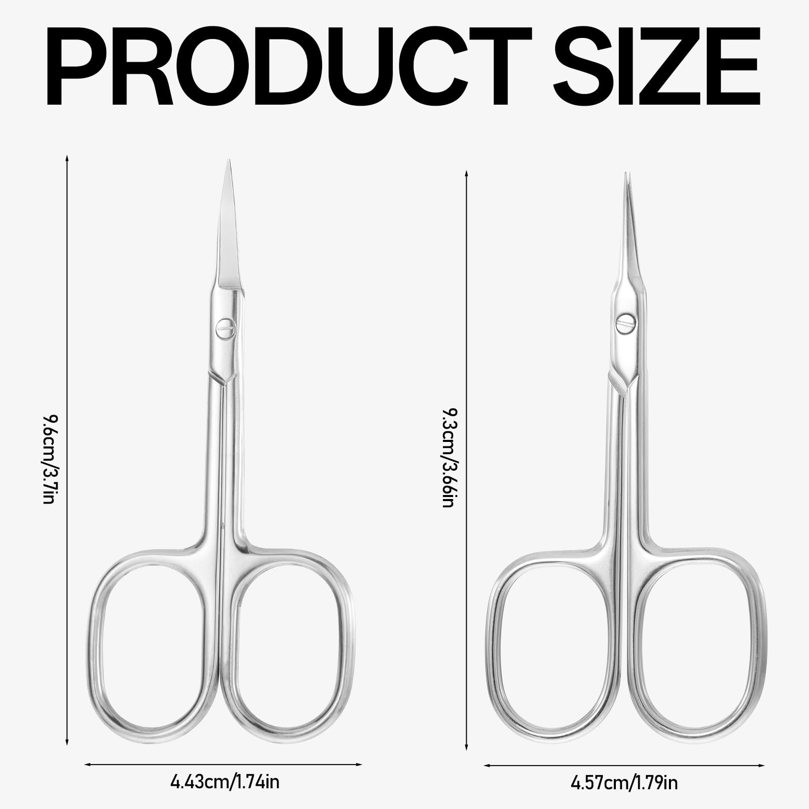 Two piece silver stainless steel eyebrow and eyelash scissors showcasing the ergonomic finger loops for easy grip.