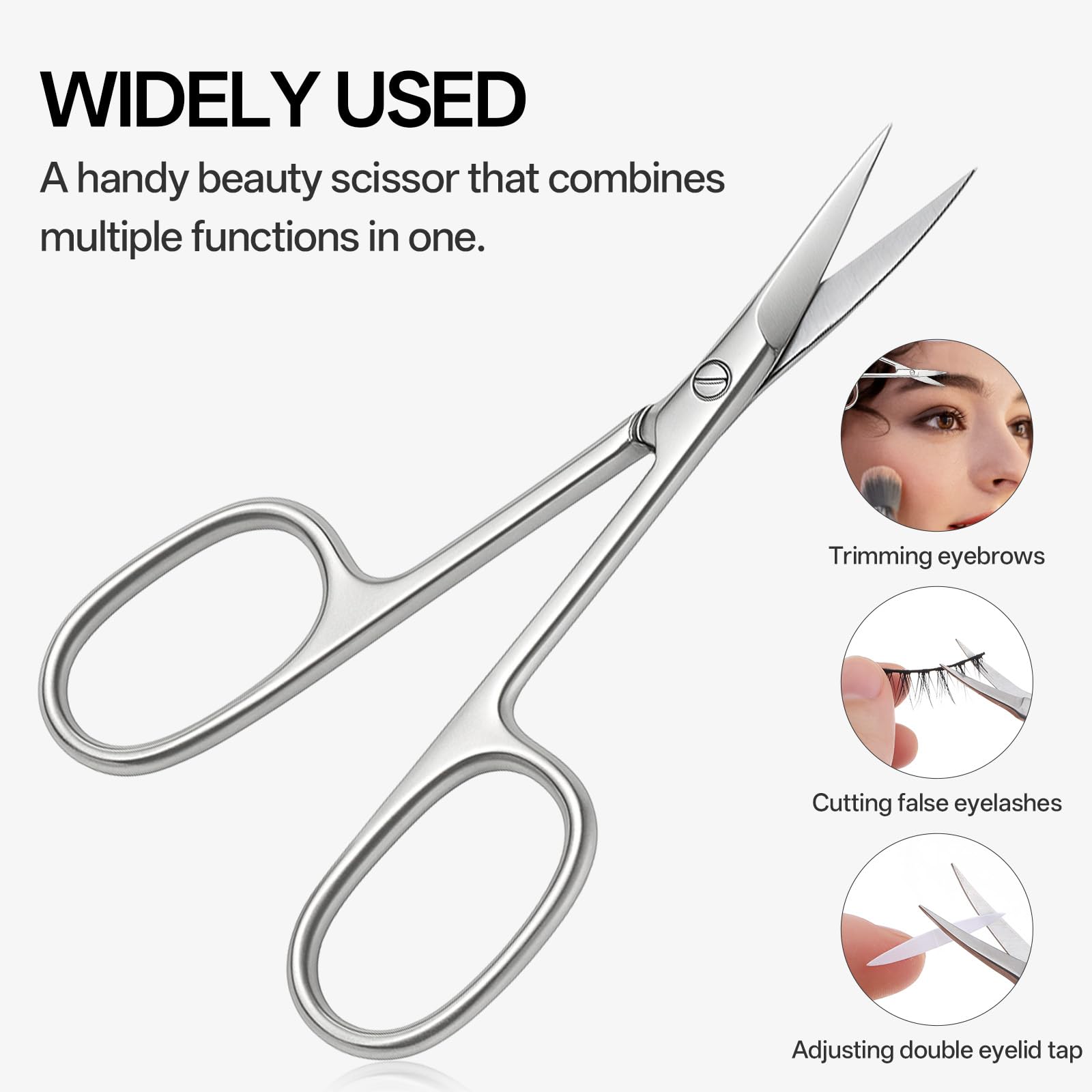 Multi purpose small facial hair scissors being held to demonstrate professional scaling and comfortable handling.