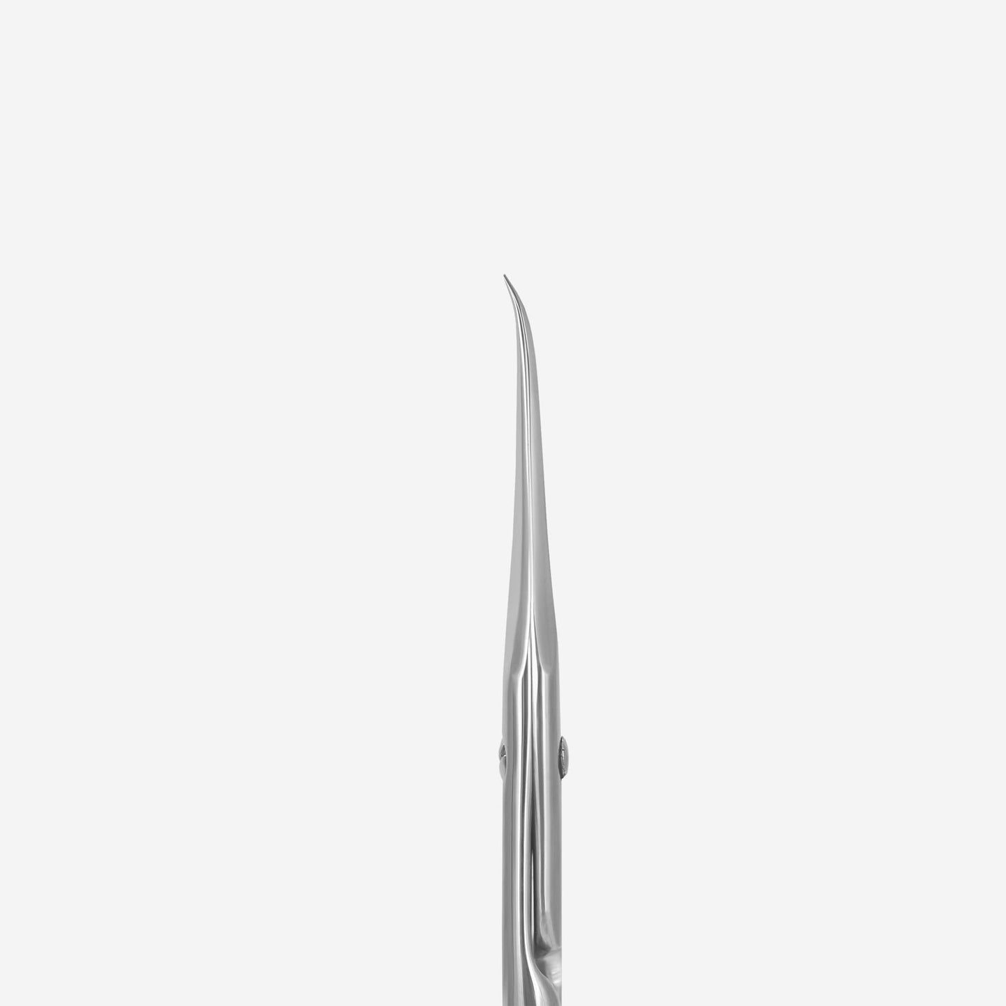 Close-up view of the laser-engraved Magnolia flower pattern on the short straight handles of the Staleks cuticle scissors.