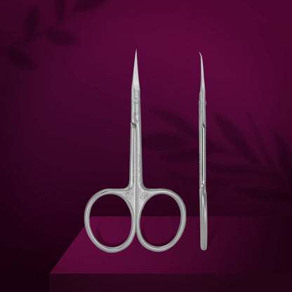 Side profile of the professional Staleks Pro cuticle trimming tool highlighting the narrow curved blades and microscope-sharpened edge.