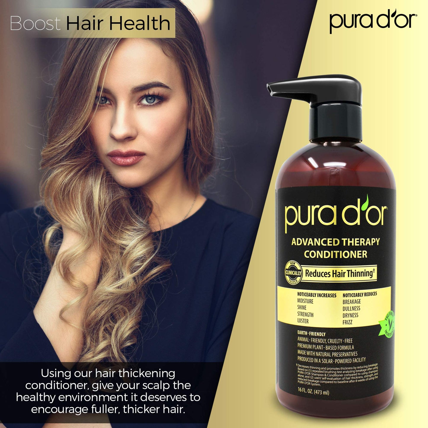 Back label of PURA D'OR anti hair thinning conditioner detailing the complete plant based ingredients list