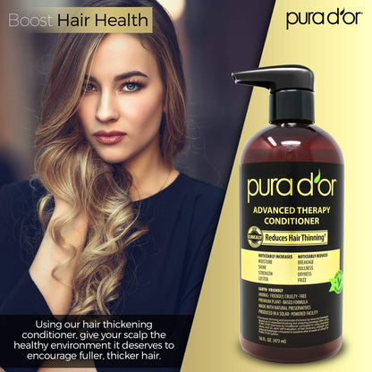 Back label of PURA D'OR anti hair thinning conditioner detailing the complete plant based ingredients list