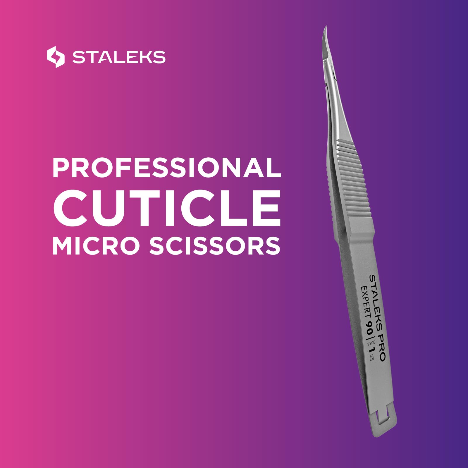 Stainless steel professional cuticle scissors by Staleks Pro in hand showing grip