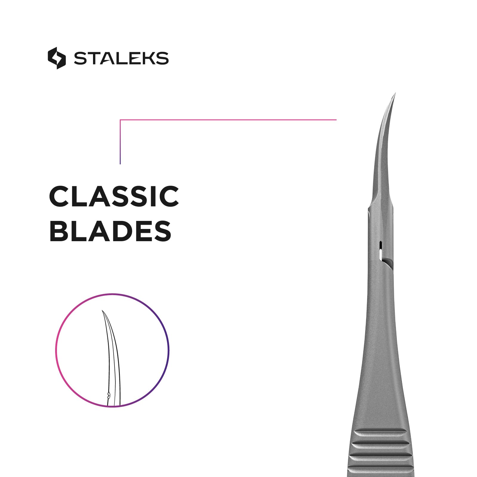 Staleks Pro Expert 90 micro scissors displaying the classic curved blade radius