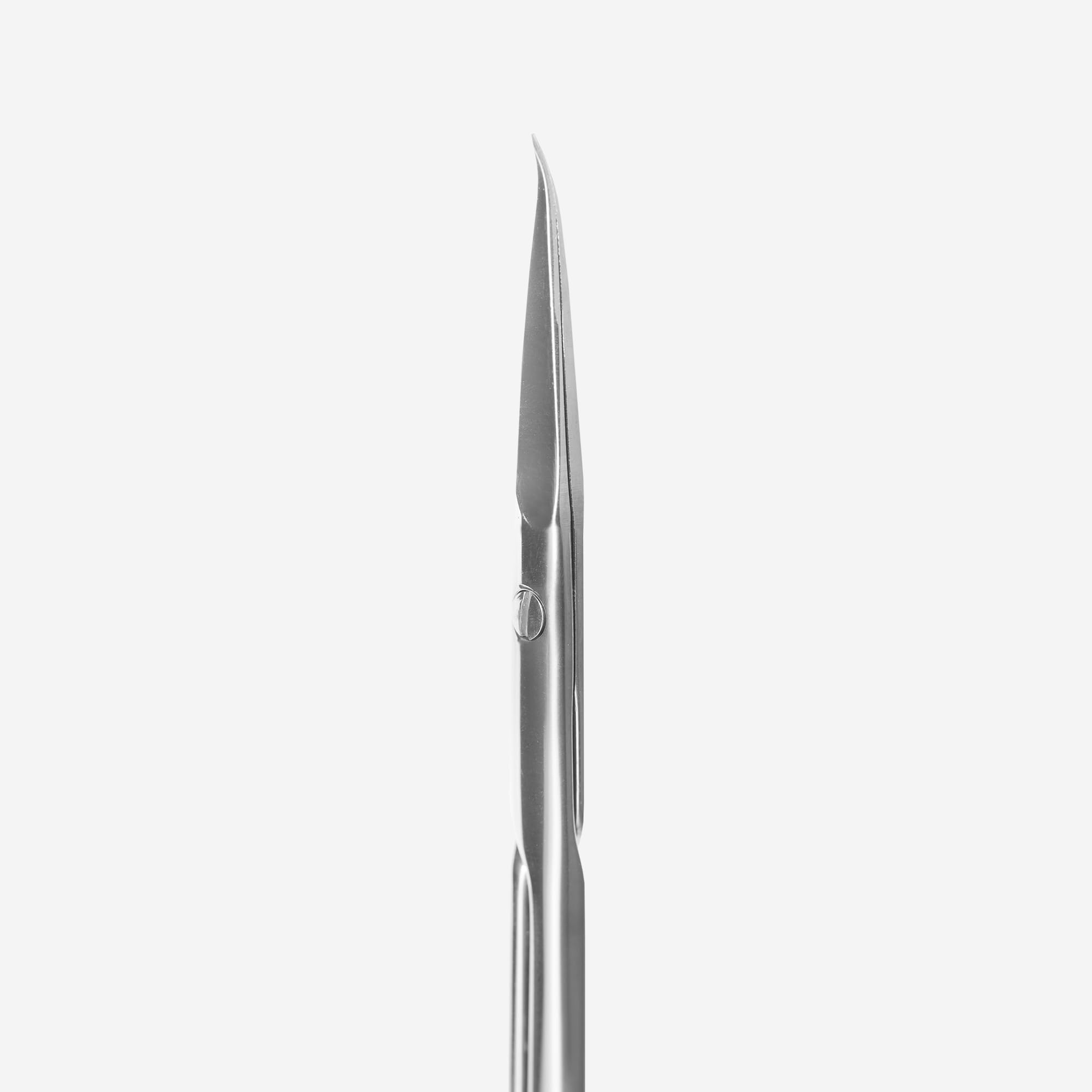 Close up view of the patented hook tip blades on professional manicure scissors.