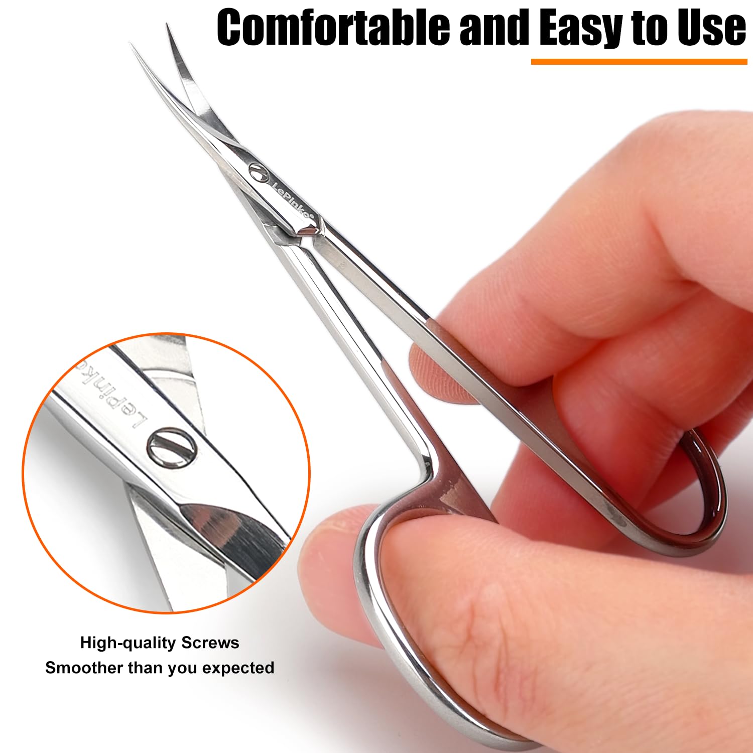 LePinko professional cuticle scissors demonstrating precise trimming angle on a mannequin hand.