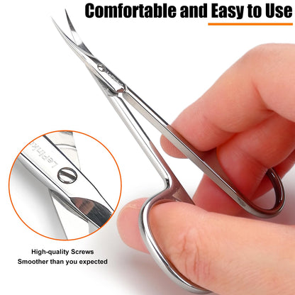 LePinko professional cuticle scissors demonstrating precise trimming angle on a mannequin hand.