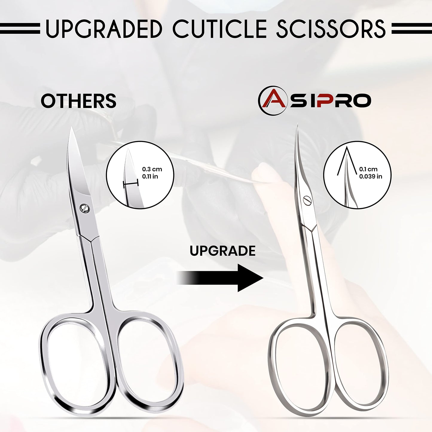ASIPRO extra fine manicure scissors showing the close up precision of the curved blade