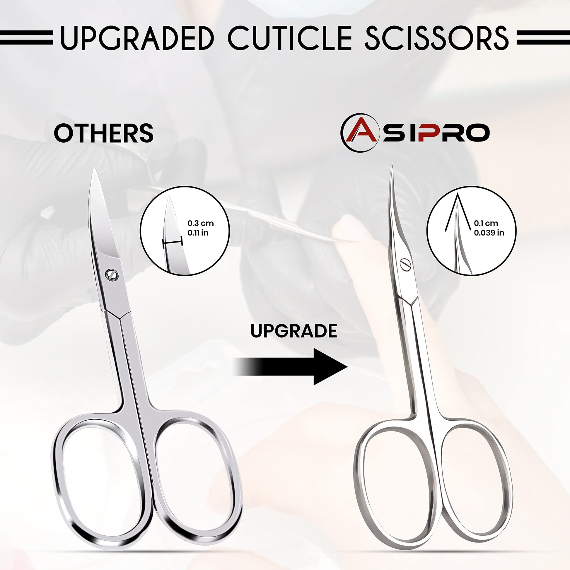 ASIPRO extra fine manicure scissors showing the close up precision of the curved blade