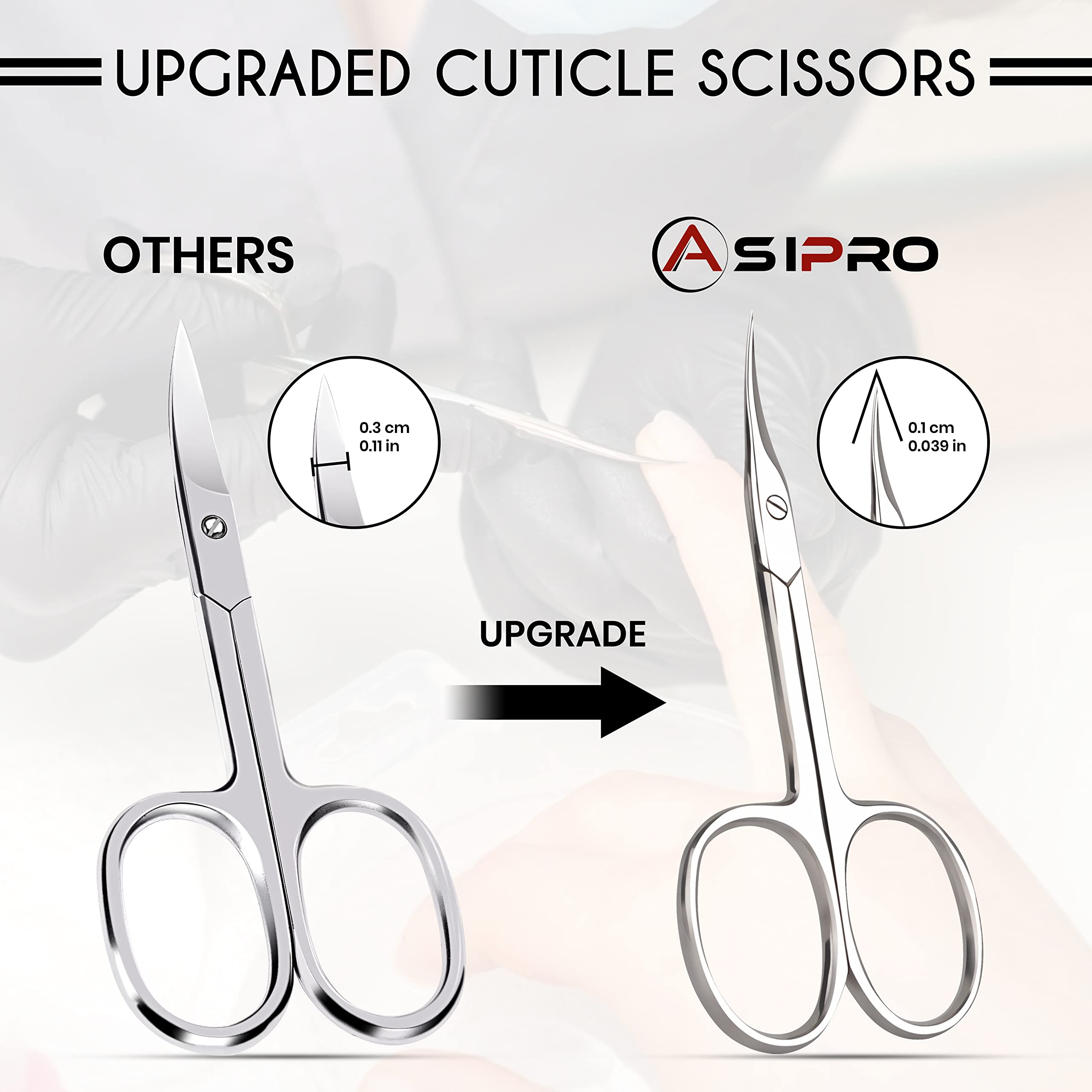 ASIPRO extra fine manicure scissors showing the close up precision of the curved blade
