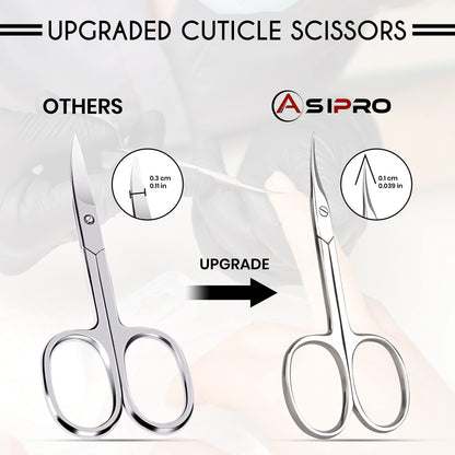 ASIPRO extra fine manicure scissors showing the close up precision of the curved blade