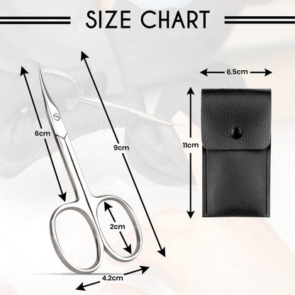 Surgical grade stainless steel ASIPRO manicure scissors placed inside the elegant travel pouch