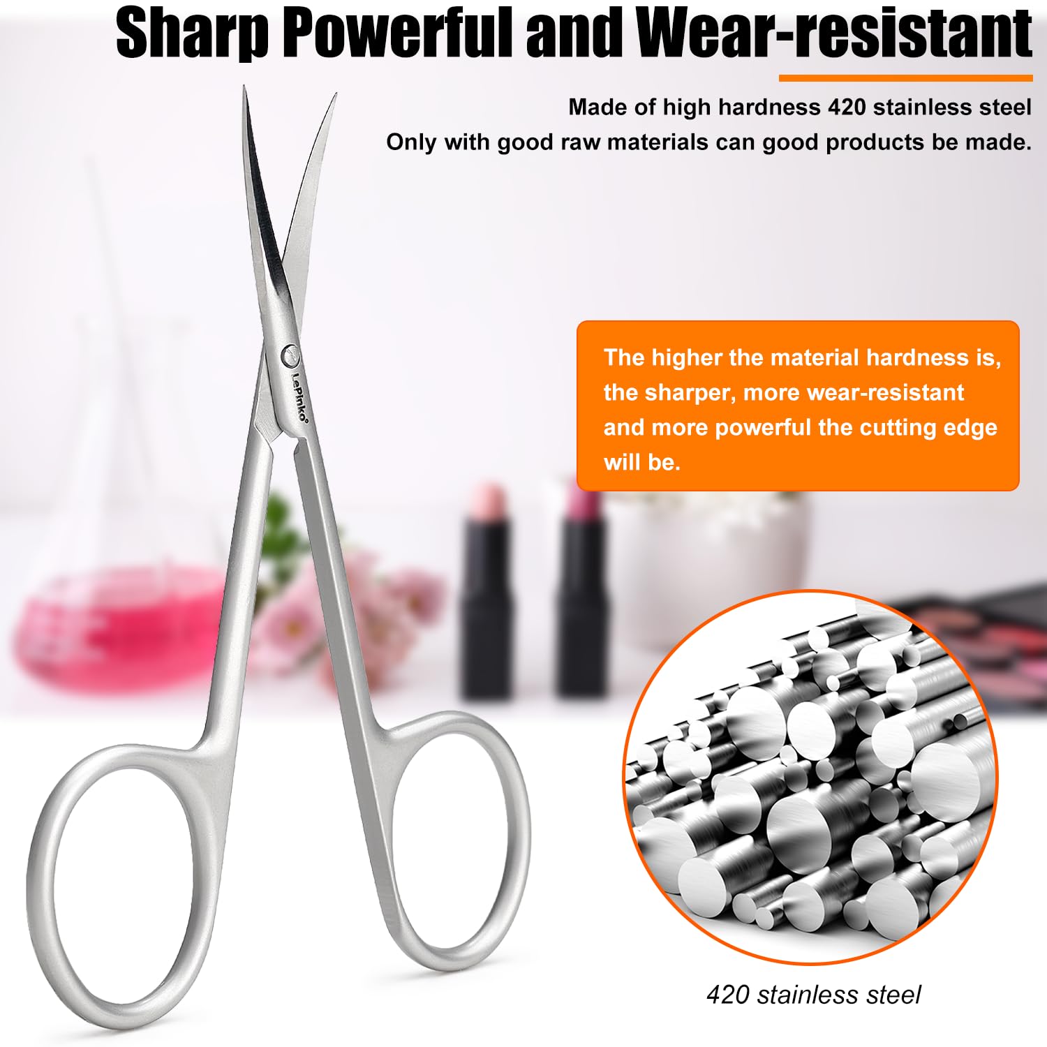 LePinko professional stainless steel manicure scissors displayed on a clean grooming surface.