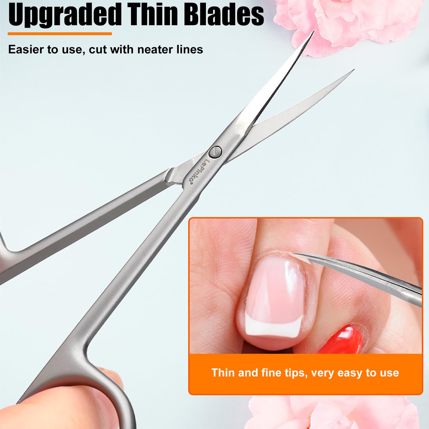 LePinko curved precision cuticle cutters held by a user demonstrating the ergonomic finger loops.