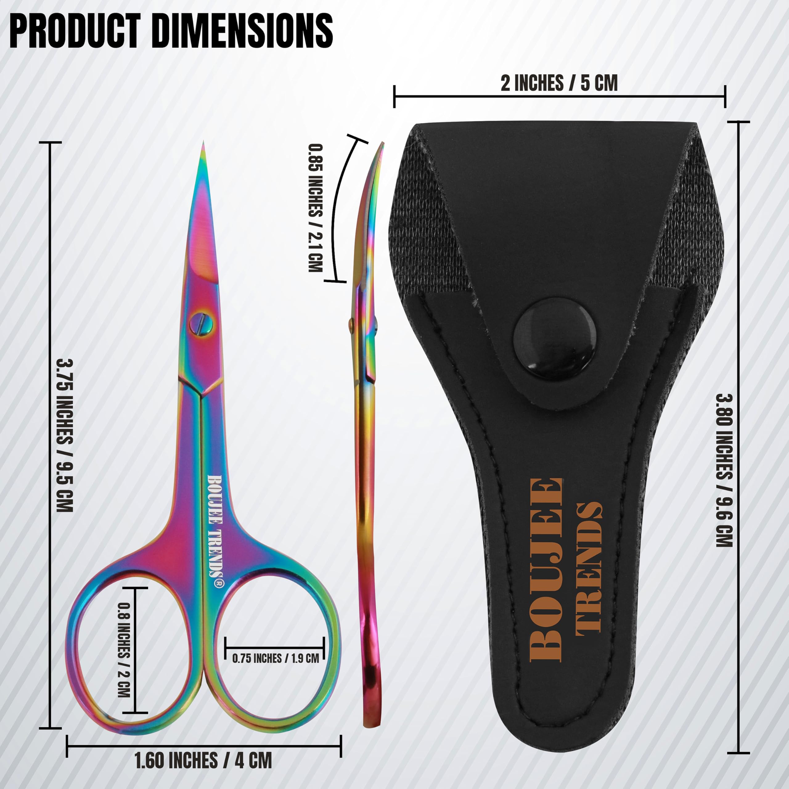 Close up of the sharp curved stainless steel blades on the Boujee Trends small beauty scissors.
