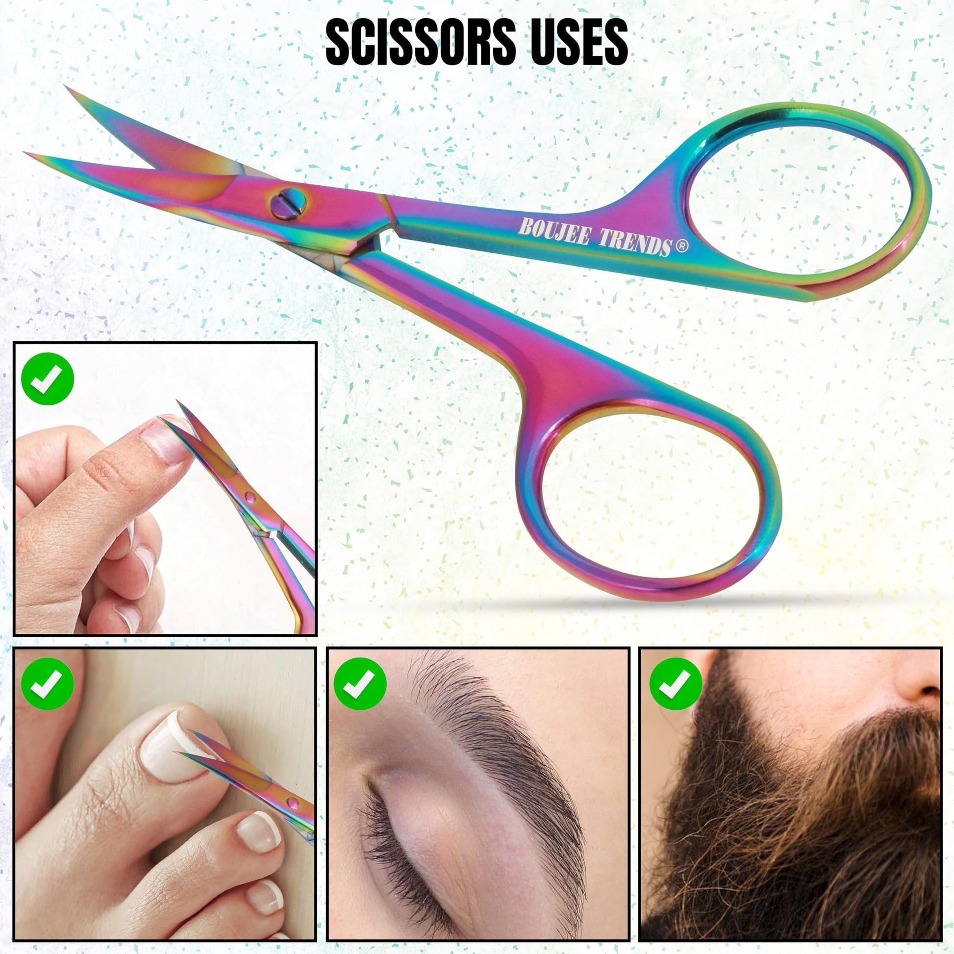 Boujee Trends rainbow colored cuticle scissors shown alongside the included protective safety storage pouch.