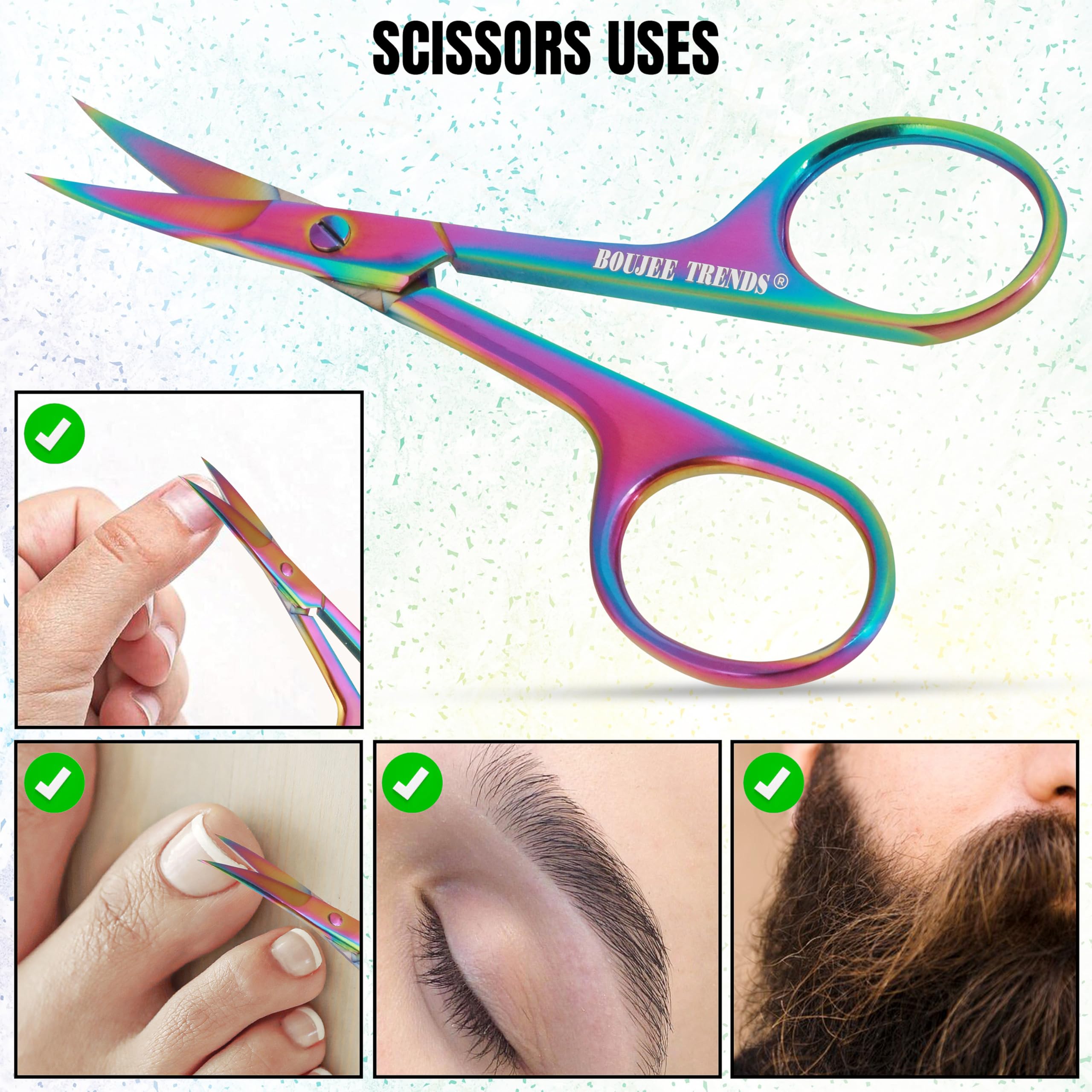 Boujee Trends rainbow colored cuticle scissors shown alongside the included protective safety storage pouch.