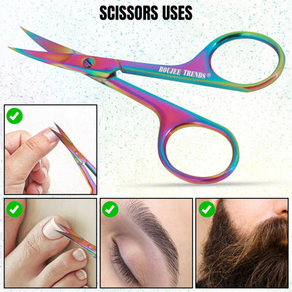 Boujee Trends rainbow colored cuticle scissors shown alongside the included protective safety storage pouch.