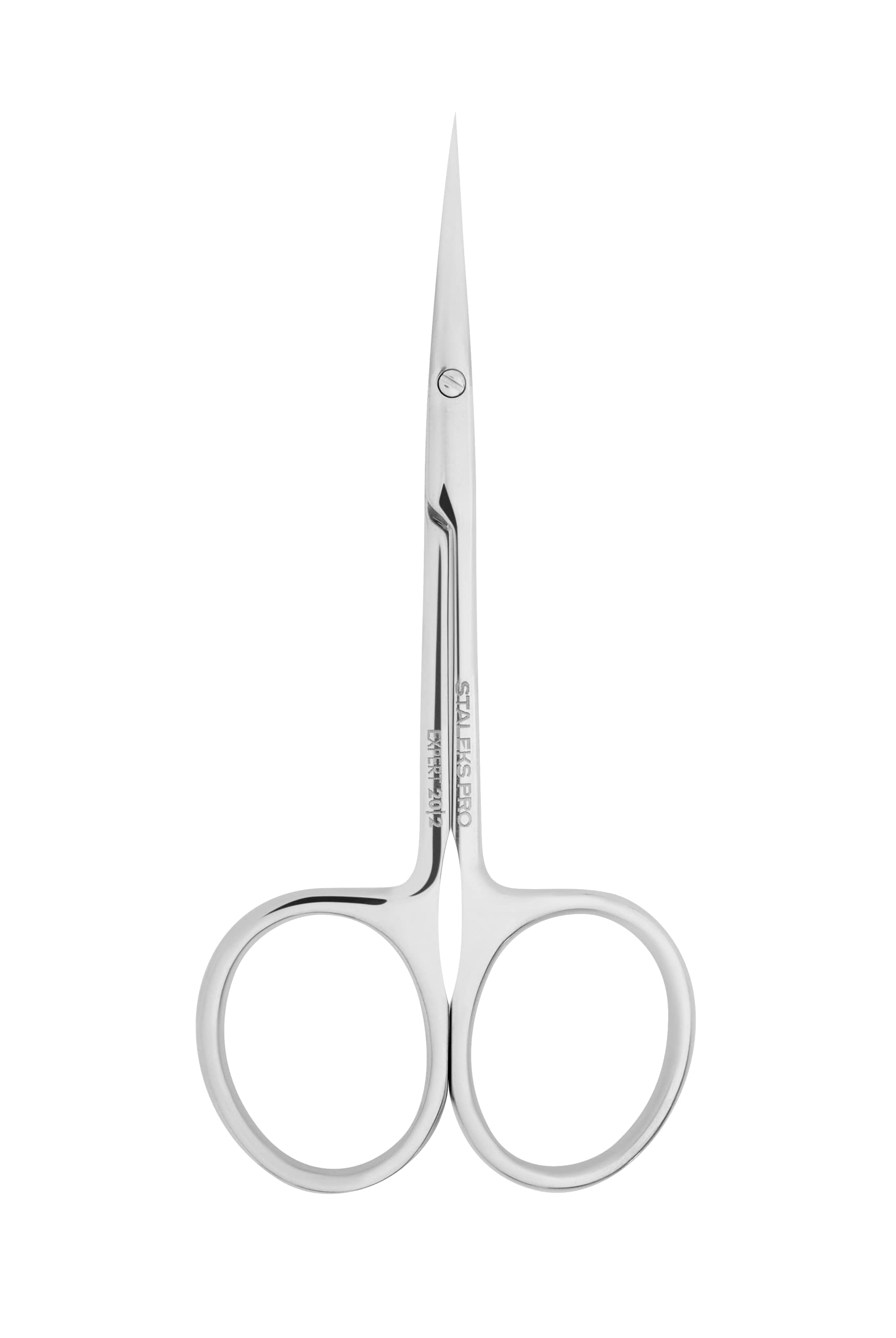 Staleks premium stainless steel cuticle trimmer showing the unique medium curved ergonomic handles
