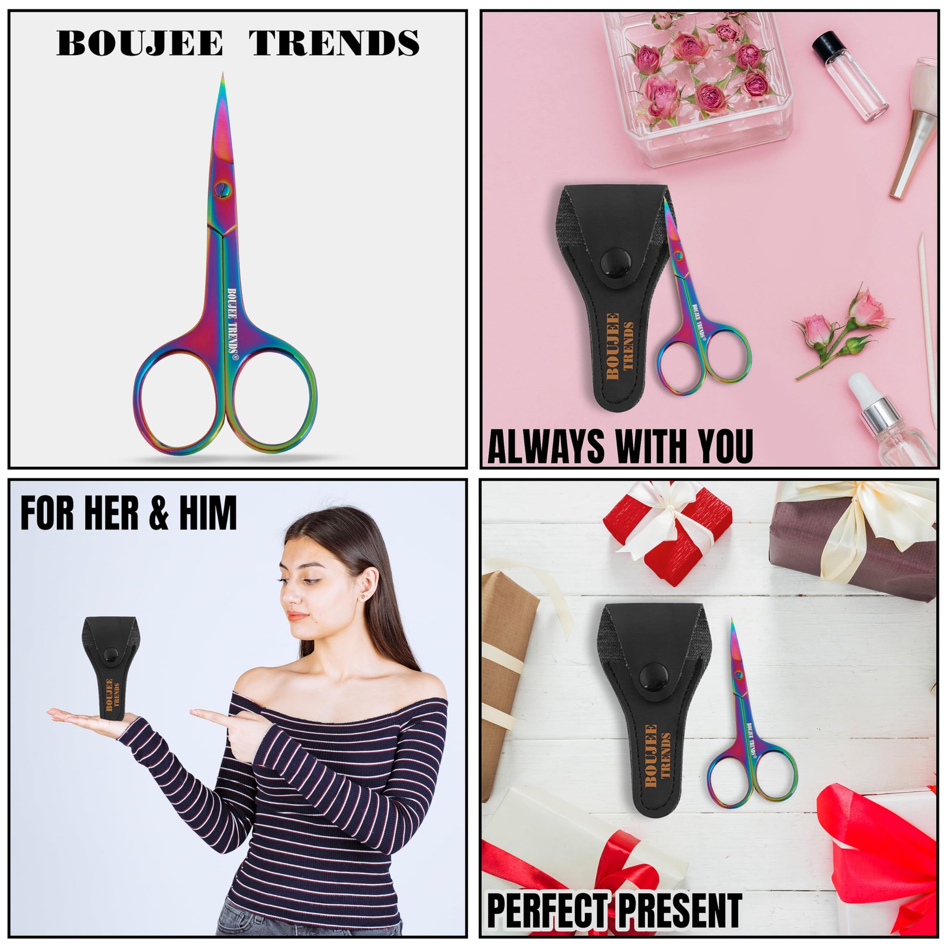 The complete packaging setup for the Boujee Trends imported precision eyebrow and mustache trimmer scissors.