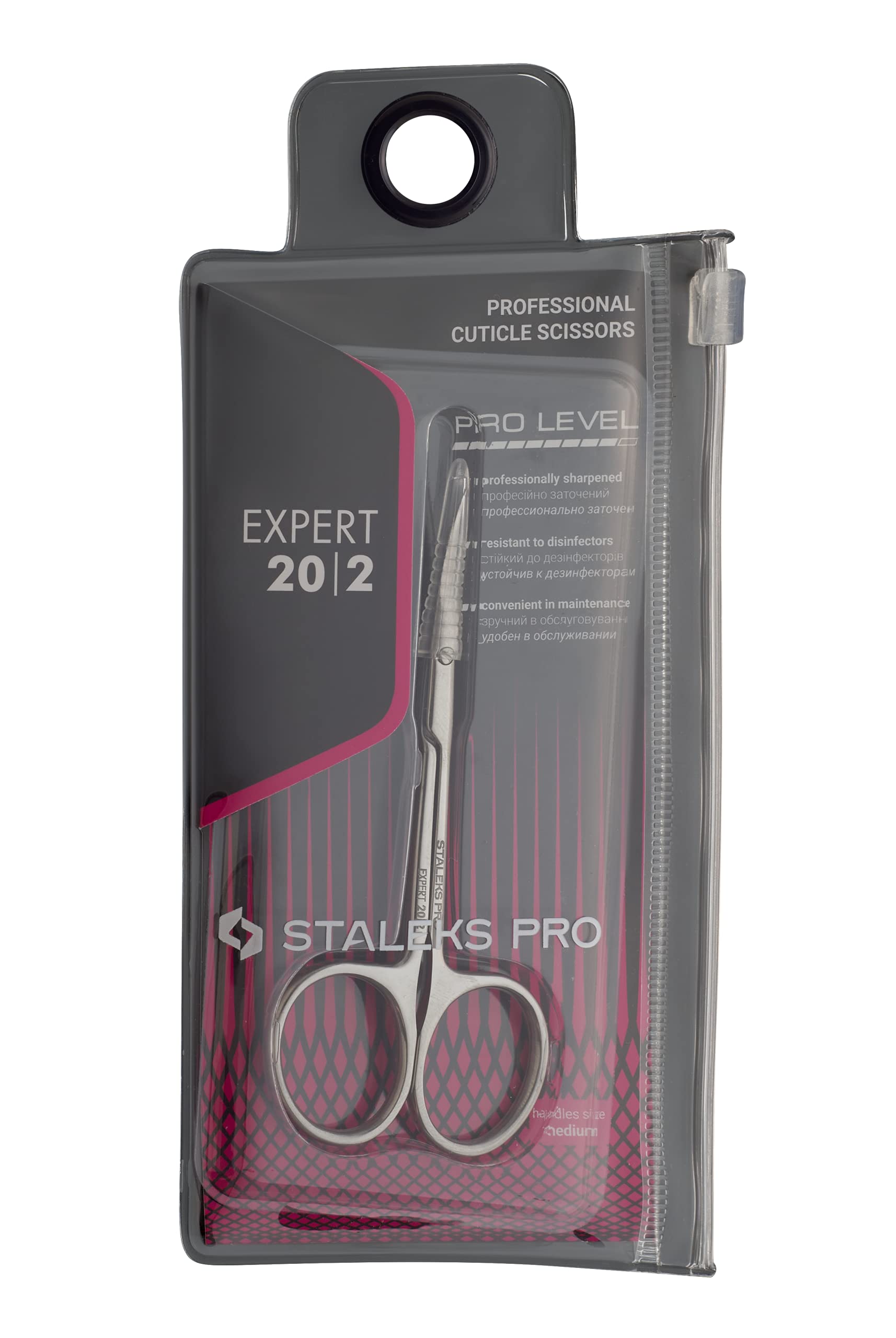 Authentic Staleks Pro Expert series cuticle scissors in silver alloy steel packaging display