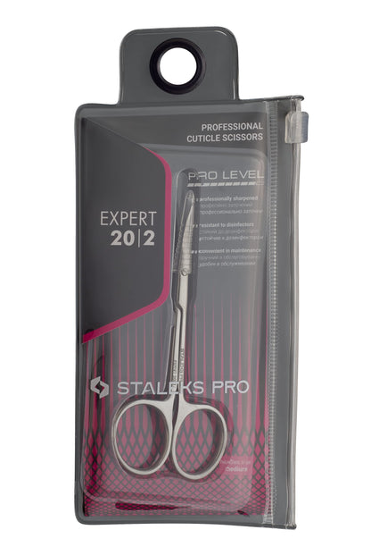 Authentic Staleks Pro Expert series cuticle scissors in silver alloy steel packaging display