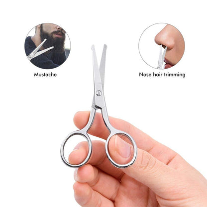 LIVINGO premium beauty shears set highlighting the extra fine curved blades for detailed cosmetic trimming.