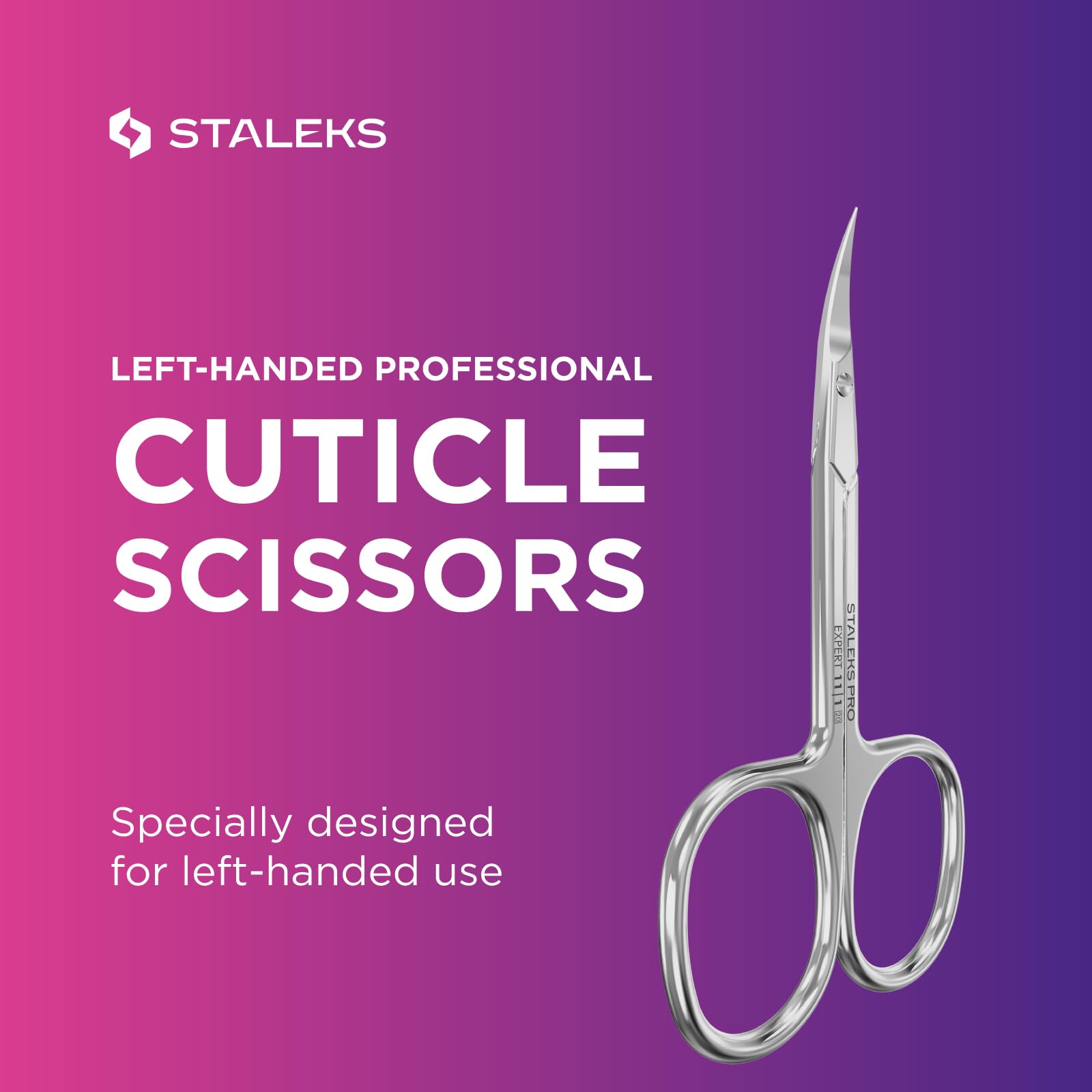 Ergonomic shortened handles and standard finger holes of Staleks Pro left handed scissors.