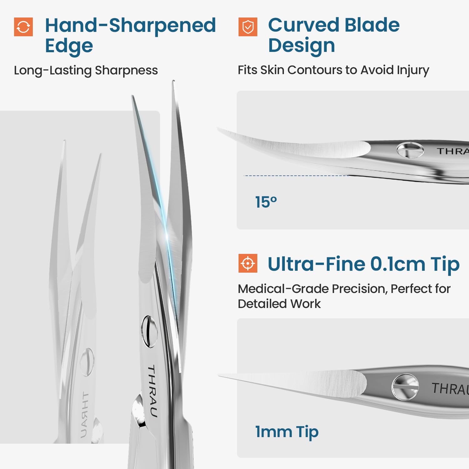 THRAU precision grooming scissors being used for clean right handed manicure care