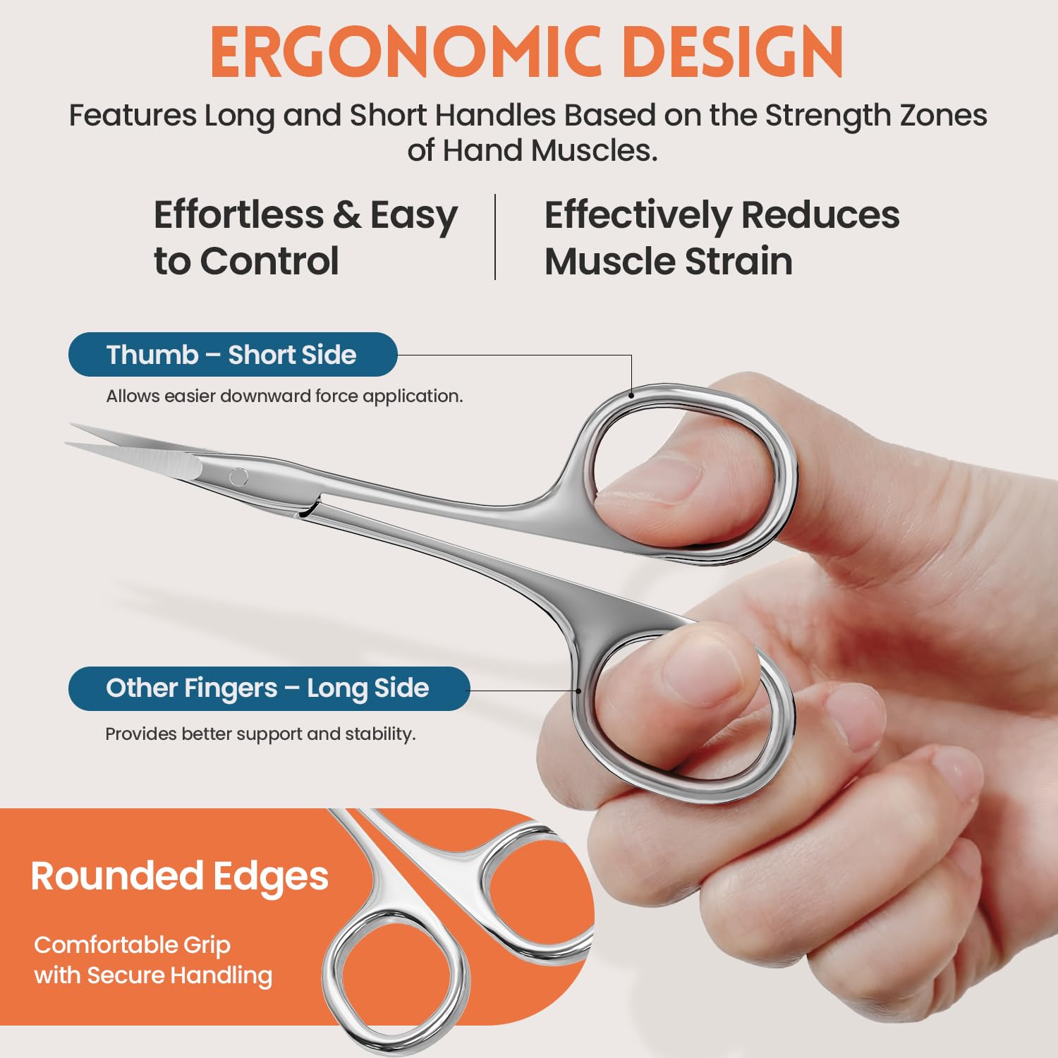 Ergonomic handle design of the THRAU stainless steel cuticle cutter tool