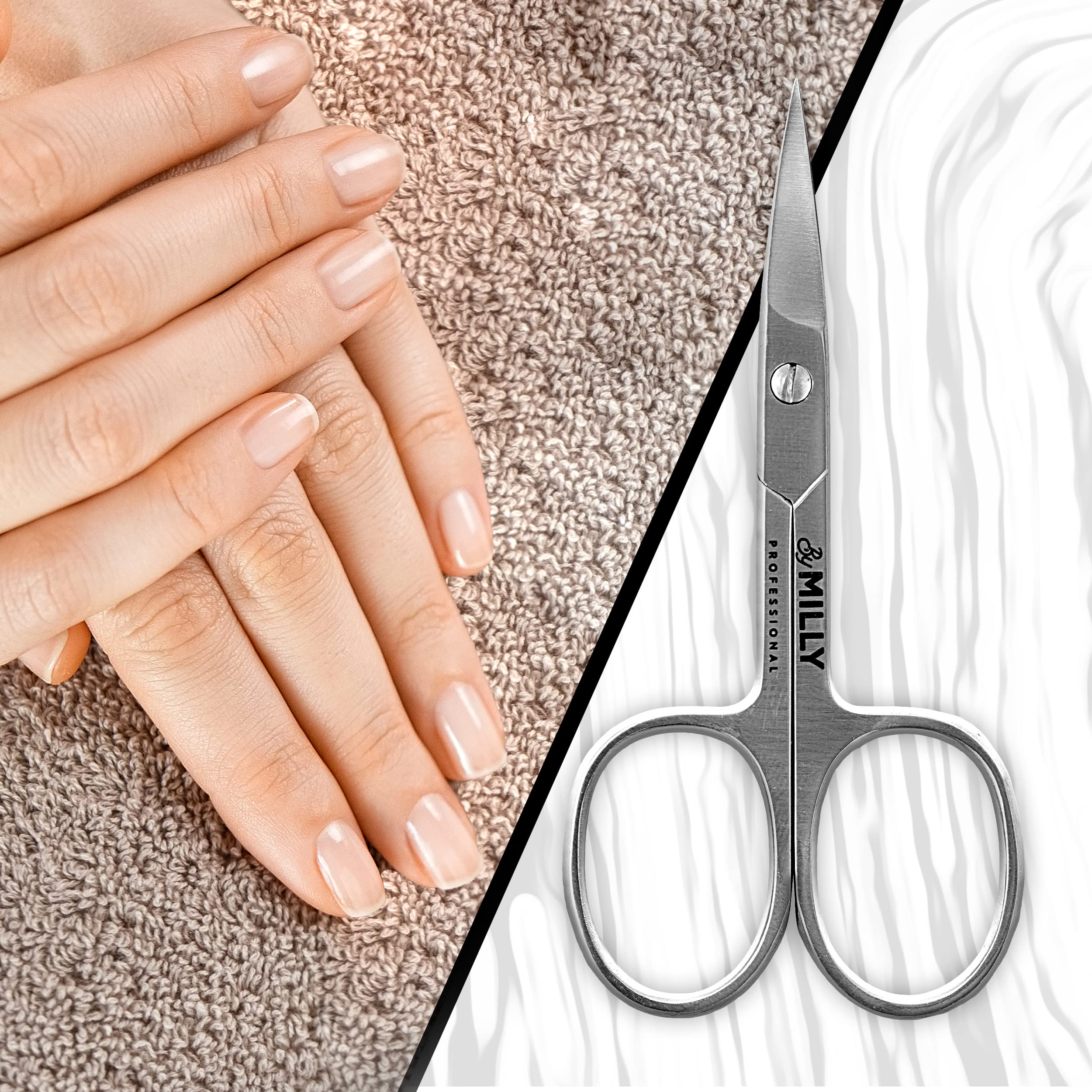 Top angle view of the premium hammer forged stainless steel nail trimming scissors by MILLY.