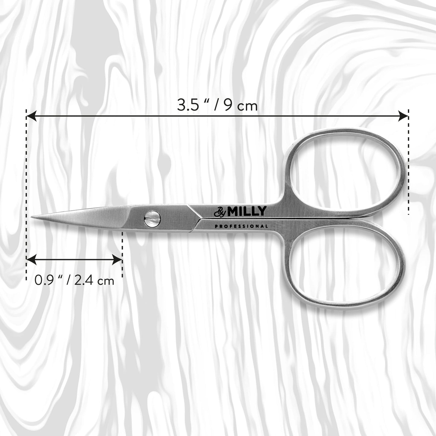 By MILLY silver manicure scissors showing the precise alignment of the curved cutting blades.