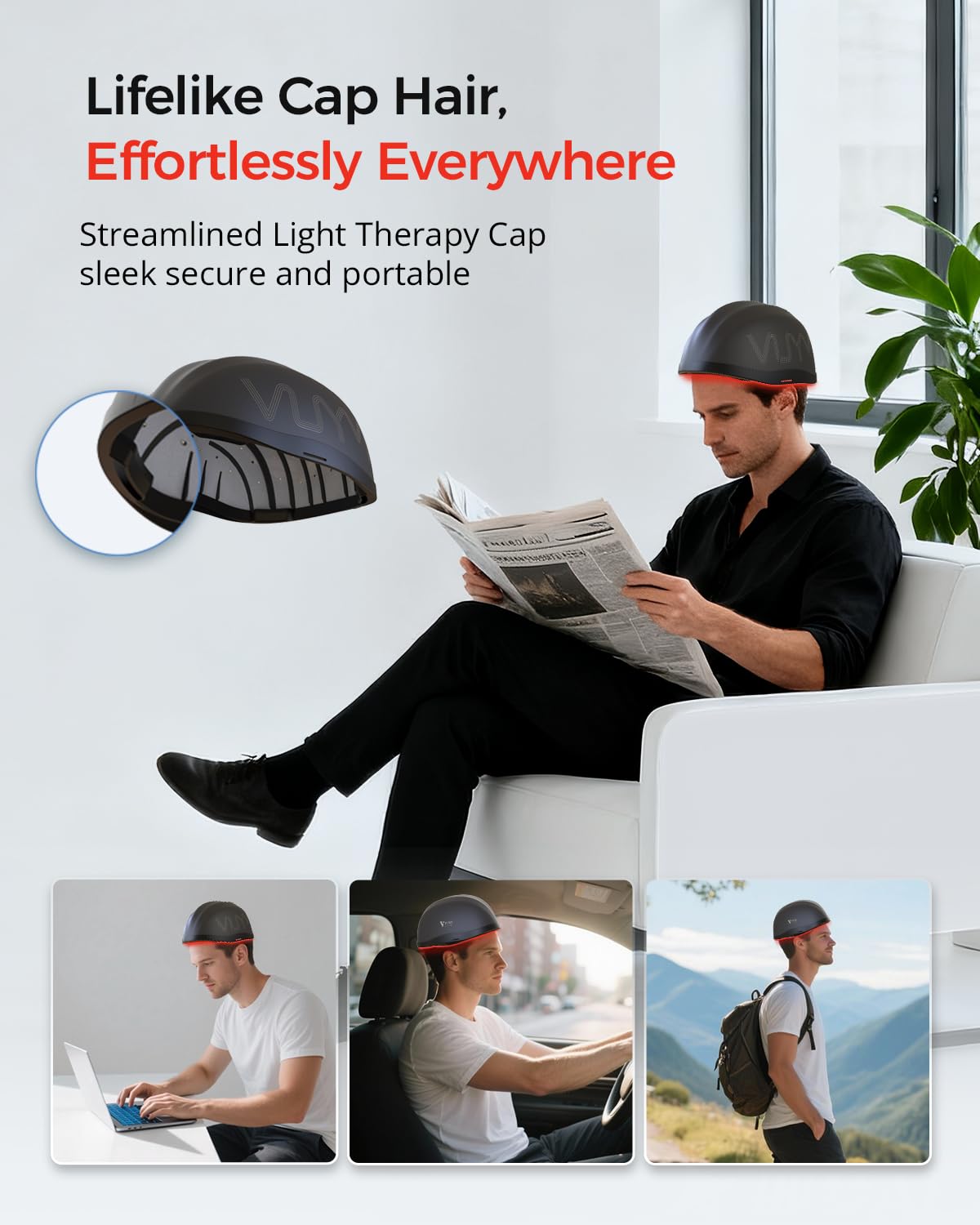 Person wearing V VYM By Clinmate wireless red light therapy cap