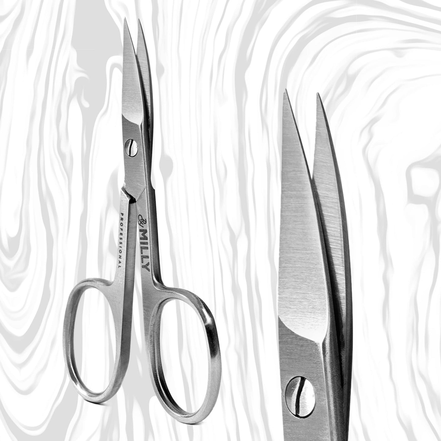 By MILLY high carbon steel beauty scissors showcasing the ISO certified professional design.