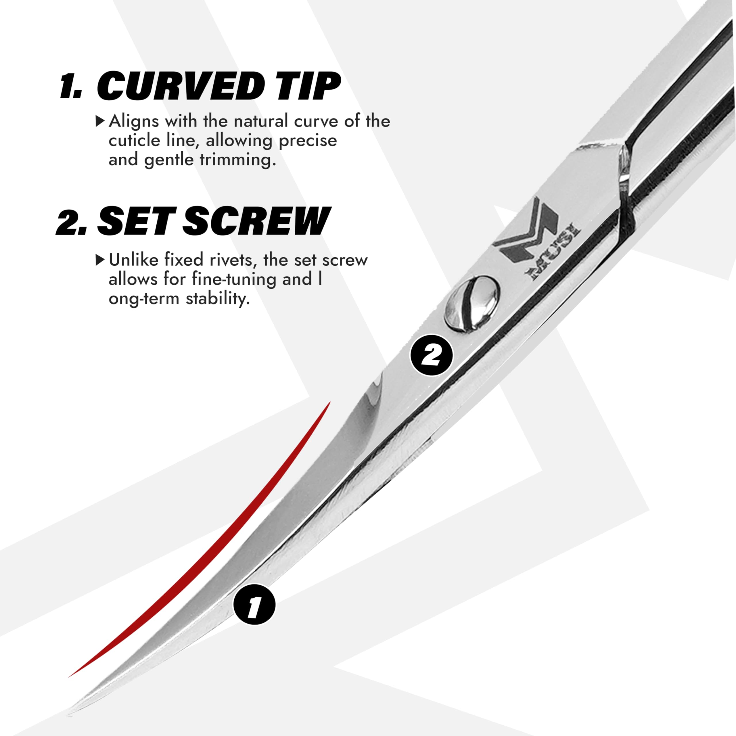 Close up of MUSI extra fine curved blades for precise cuticle trimming