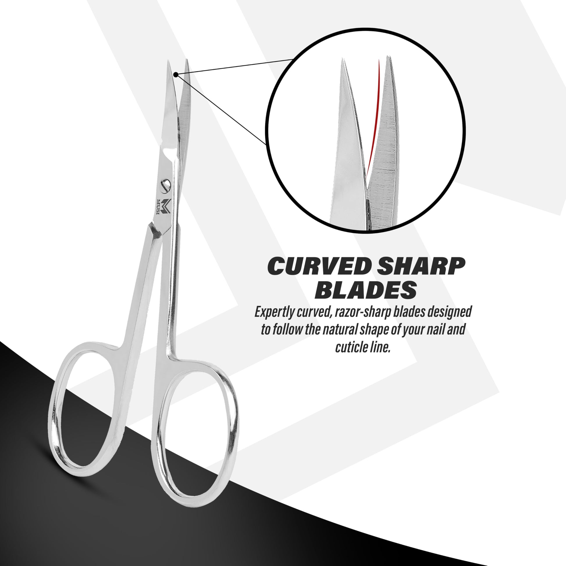 Compact travel ready MUSI cuticle scissor with protective tip case
