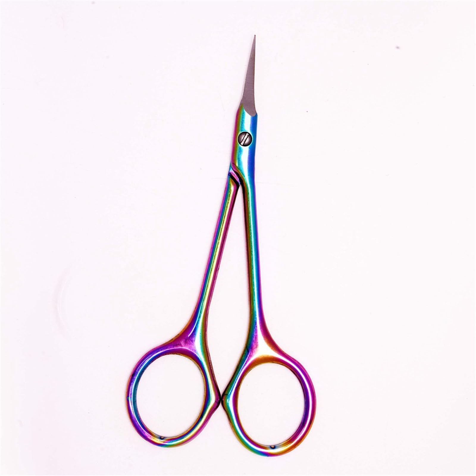 Close up view of the fine curved pointed tips on the multicolor professional manicure skin scissors.