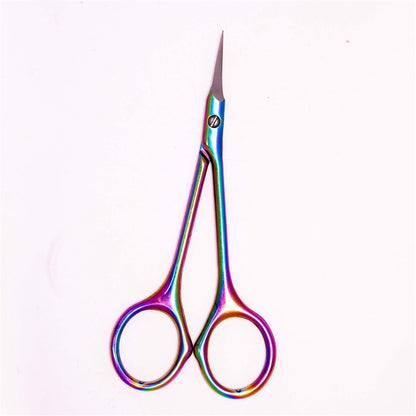 Close up view of the fine curved pointed tips on the multicolor professional manicure skin scissors.