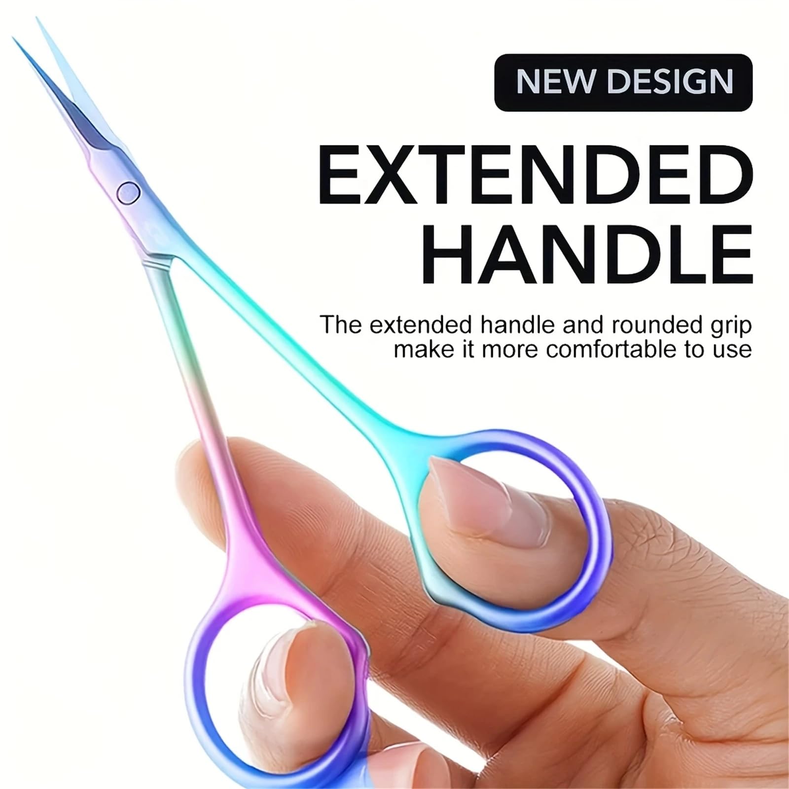 Ergonomic handles of the rainbow titanium cuticle cutter being held for a secure hand grip.