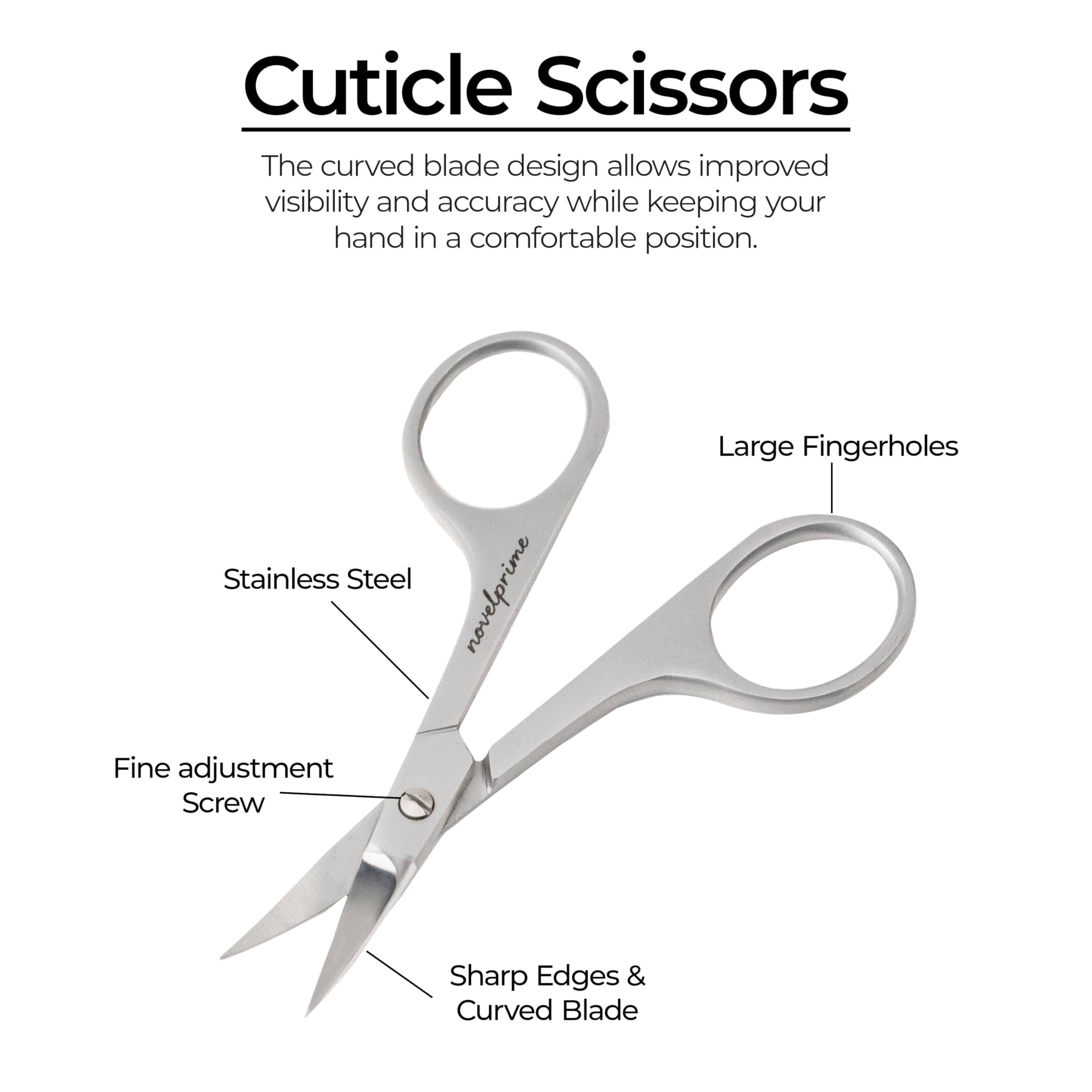 Stainless steel beauty scissors placed next to the included premium leather pouch for safe storage and travel.