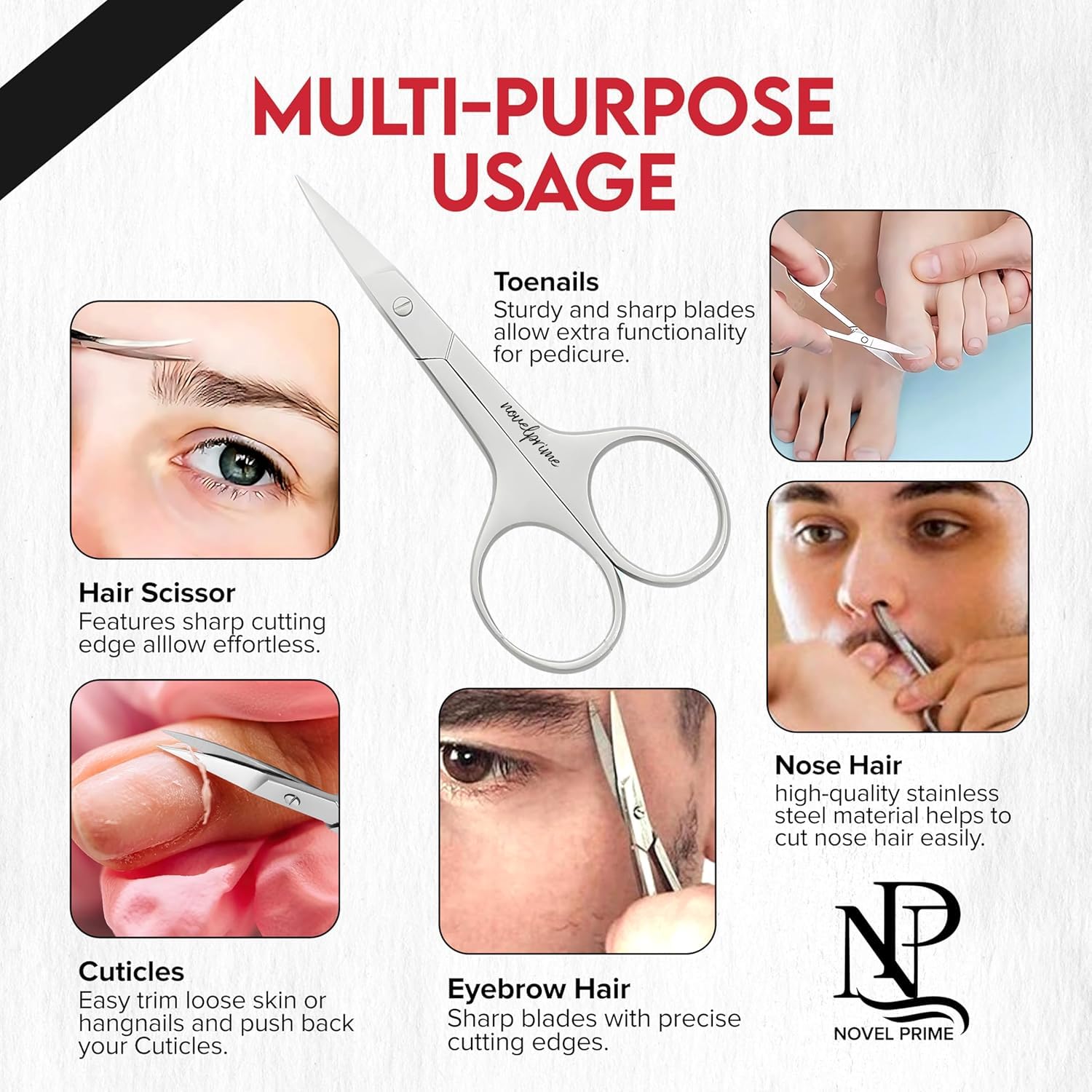 Close up view of the sharp curved blades engineered for trimming cuticles, eyebrows, and eyelashes accurately.
