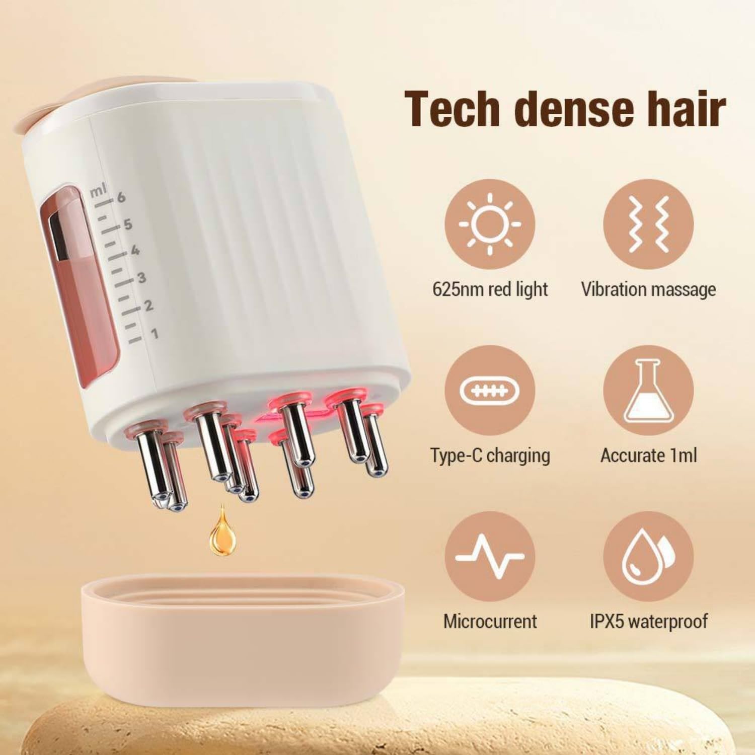Kimairay electric scalp massager showing 6ml liquid reservoir window