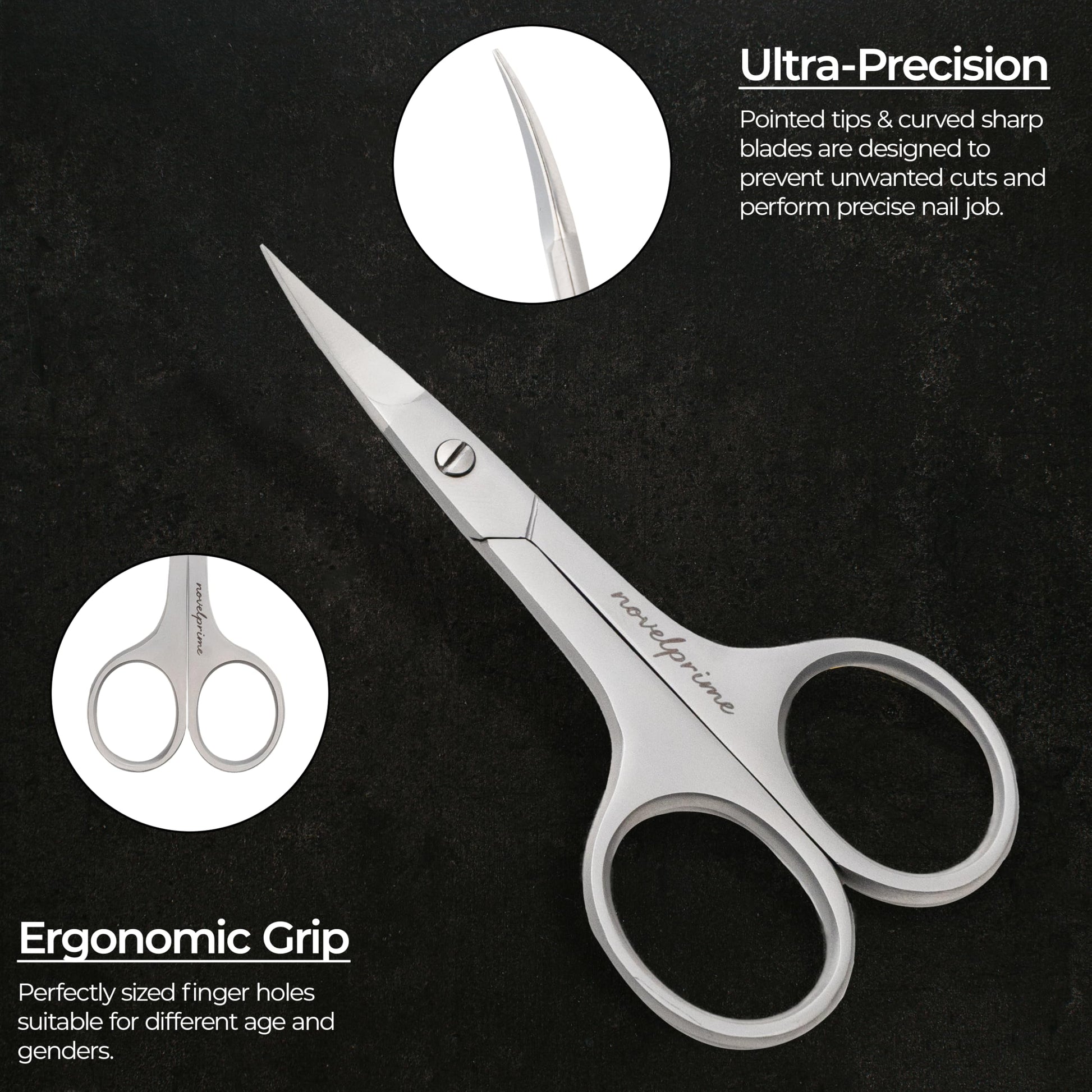 Side view of the fine tip manicure scissors emphasizing the thin blade profile needed for sensitive skin areas.