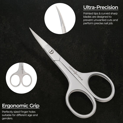 Side view of the fine tip manicure scissors emphasizing the thin blade profile needed for sensitive skin areas.
