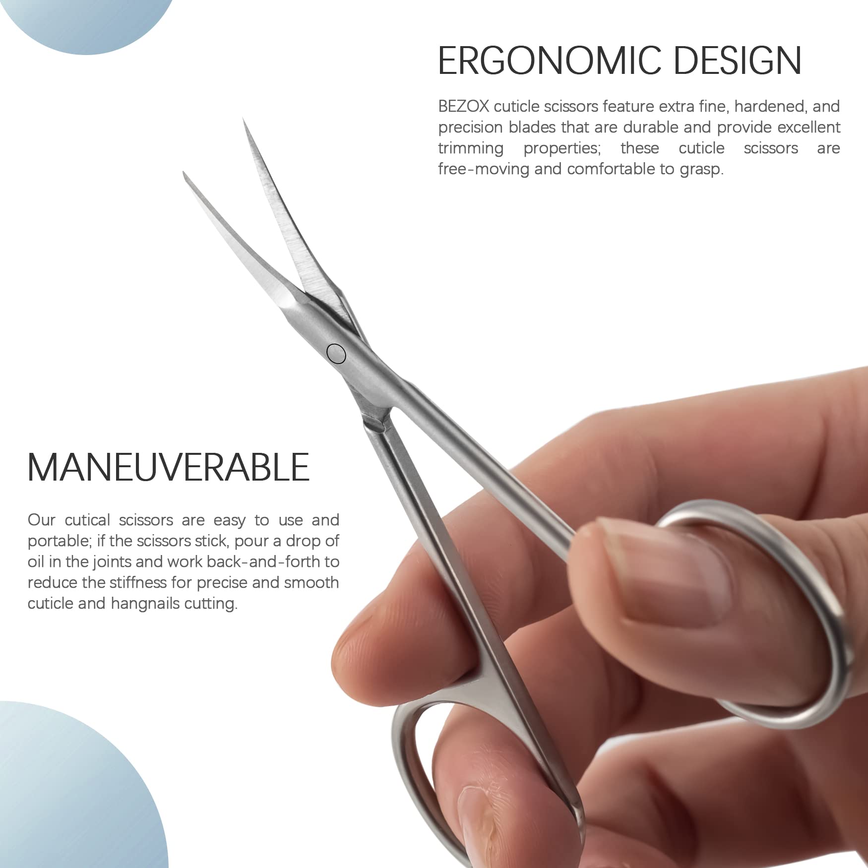 BEZOX super thin nail scissors for cuticle care displaying the medical grade steel finish.